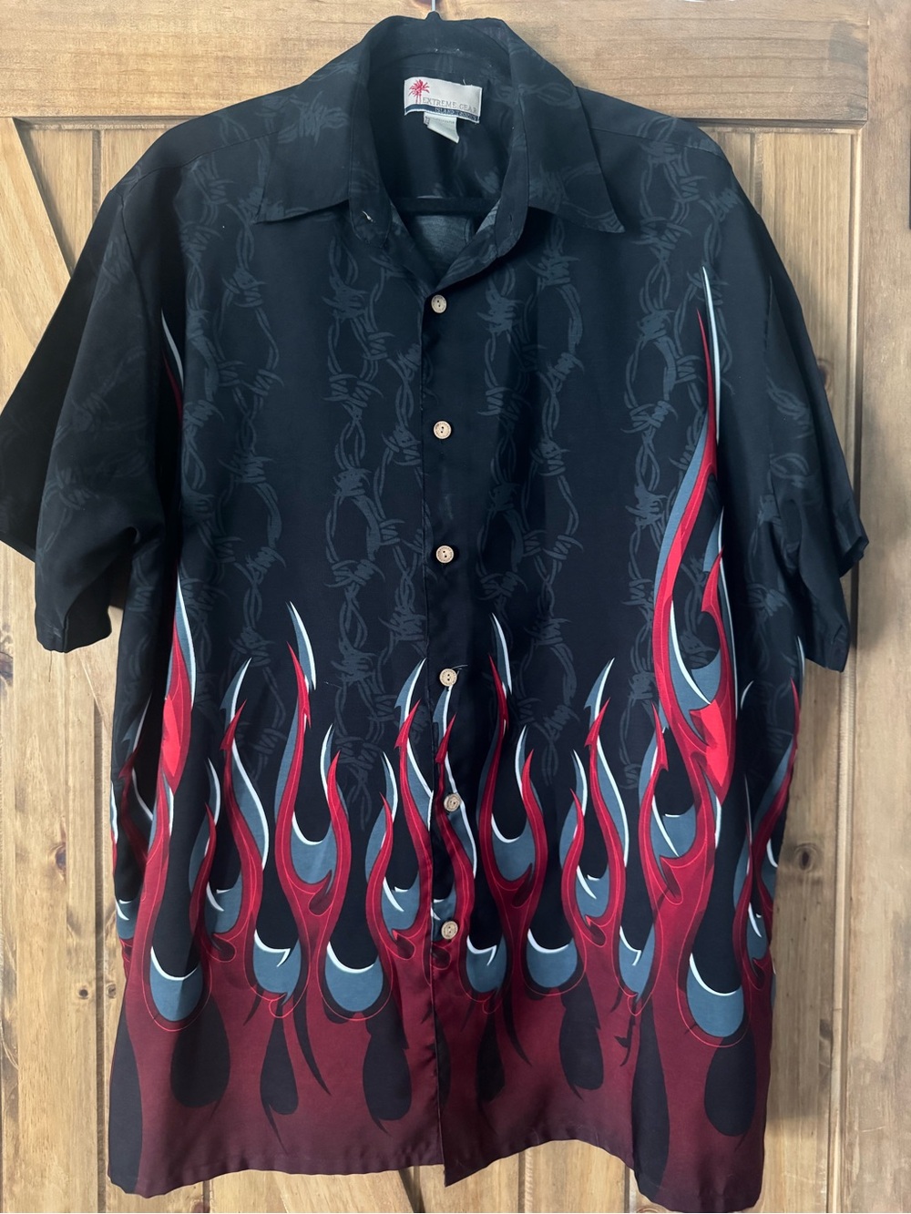 Extreme Gear Men’s Black Casual Button-Down Shirt with Red Flame Print